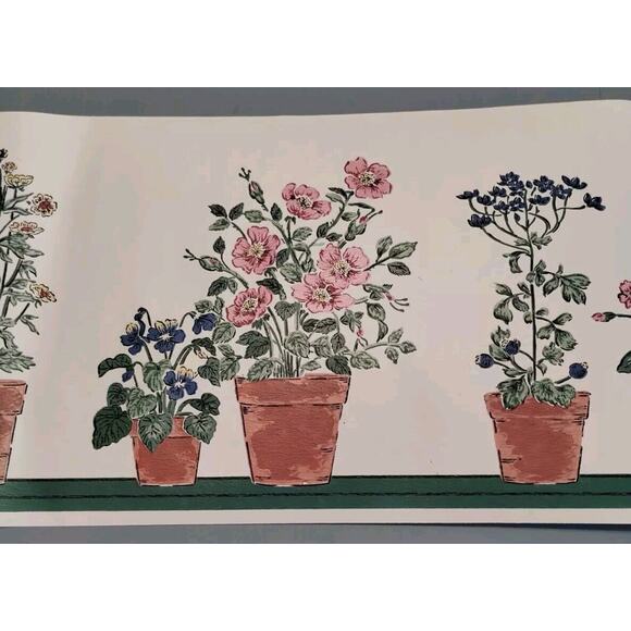 7" YORK Wall Border - Flower Pots - Cream Green Pink Blue Flower - 5 yds - Picture 2 of 6